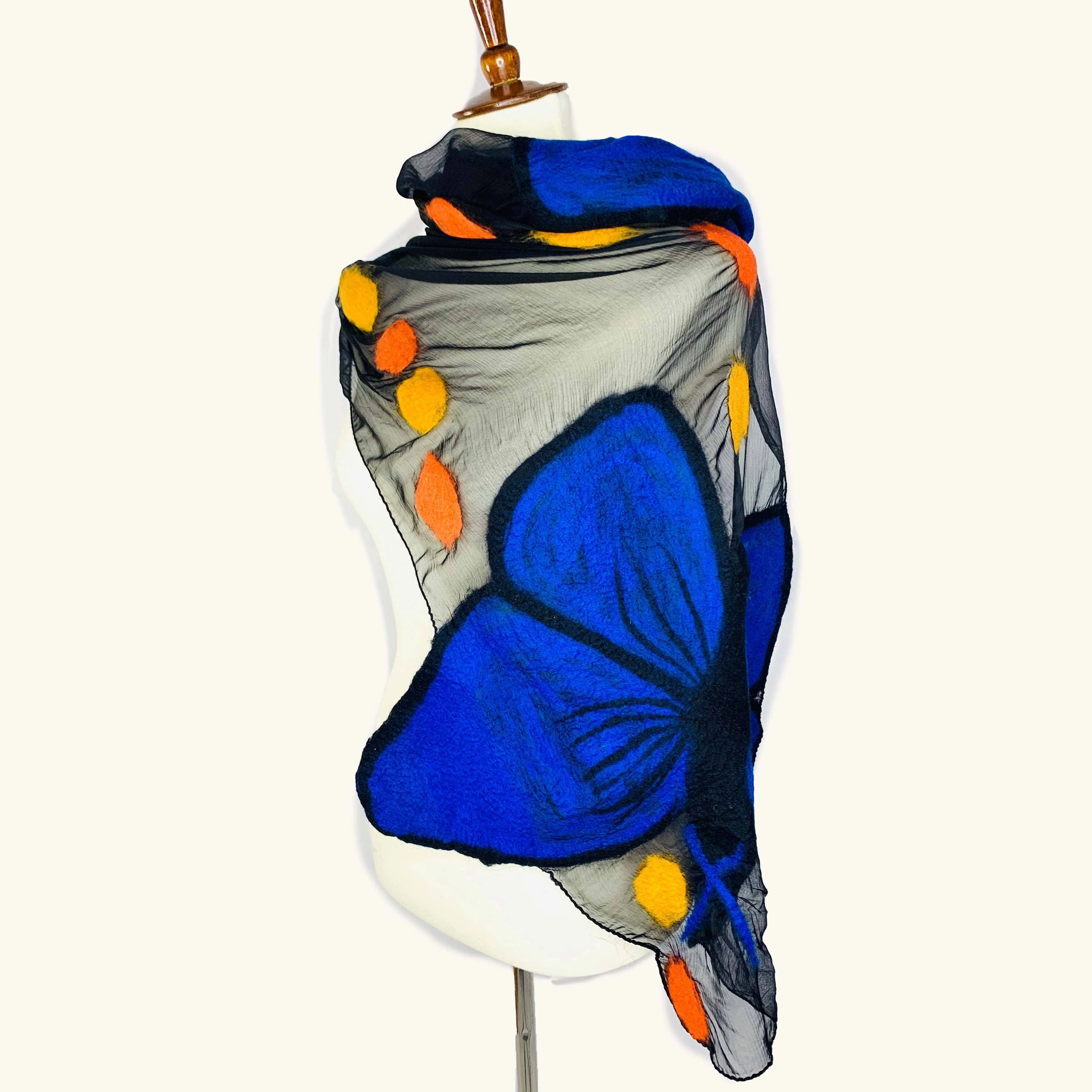 Blue Morpho Butterfly Merino Wool Scarf - Fair Trade Nepal Artisan - Image 2