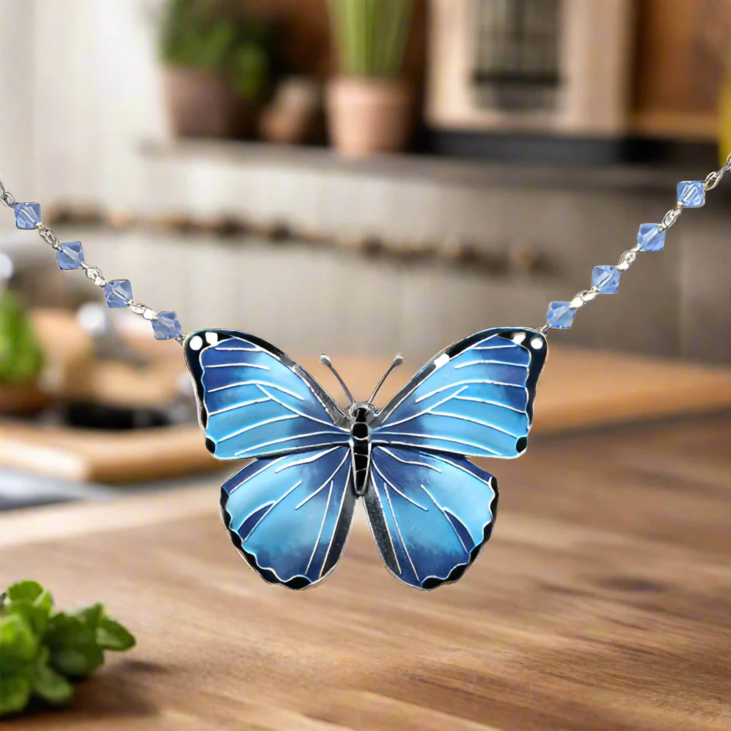 Blue Morpho Butterfly Crystal Necklace-Large