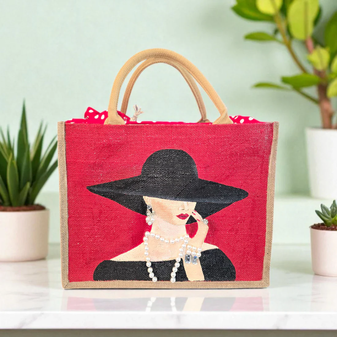 Elegant Lady in Black Tote Bag on Red Jute - Hand Painted - Image 3