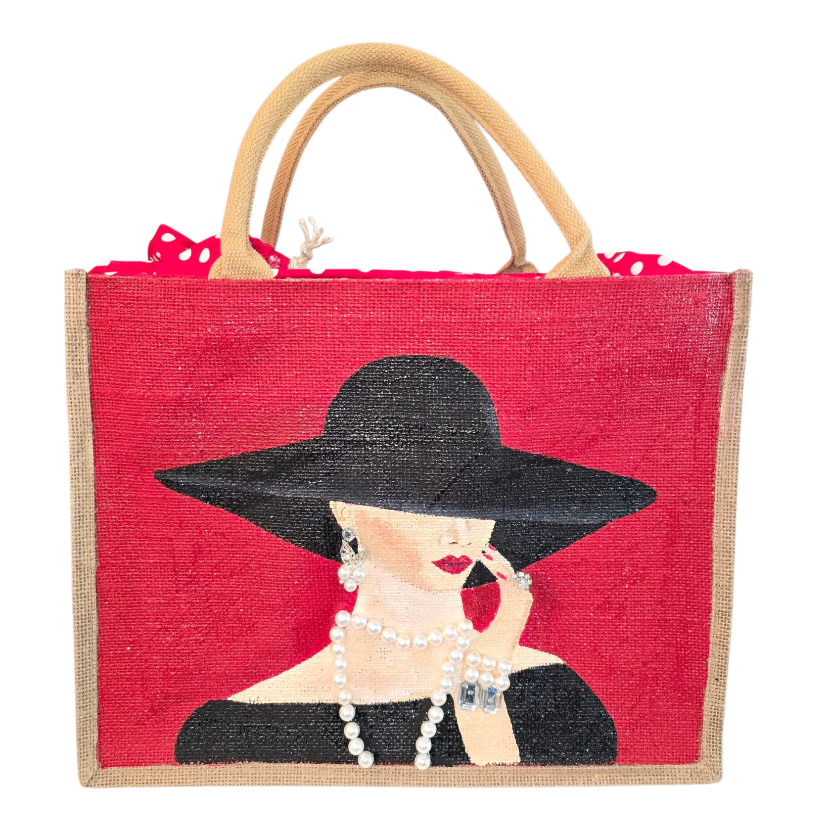 Elegant Lady in Black Tote Bag on Red Jute - Hand Painted - Image 7