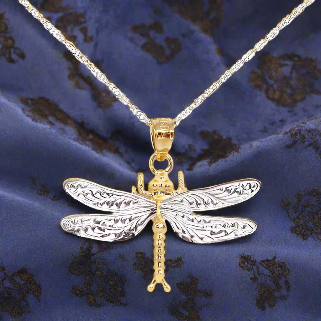 14k White & Yellow Gold Dragonfly Pendant Necklace