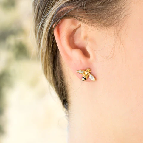 Honey Bee 14 Karat Gold Plated CZ Stud Earrings - Image 2