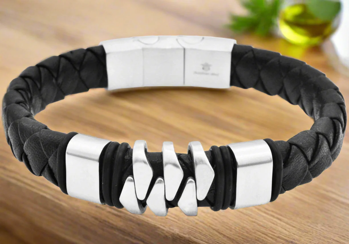 Men's Black Leather Stainless Steel Bracelet - Timeless Masculine Elegance