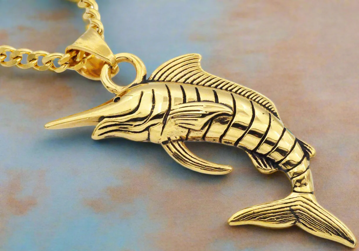 Men's Gold Stainless Steel Swordfish Pendant Necklace - Bold Maritime Style
