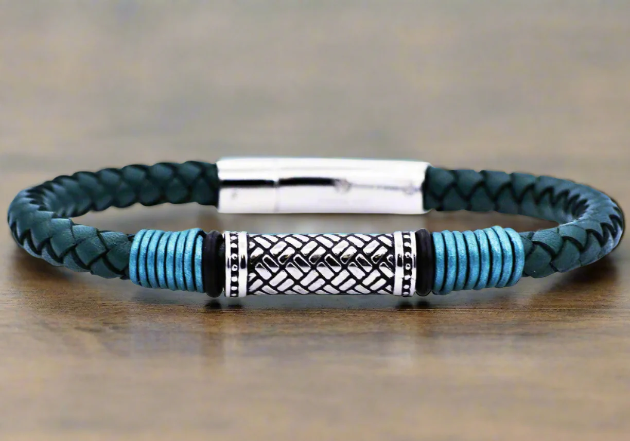 Men's Green Leather Stainless Steel Bracelet - Contemporary Masculine Style
