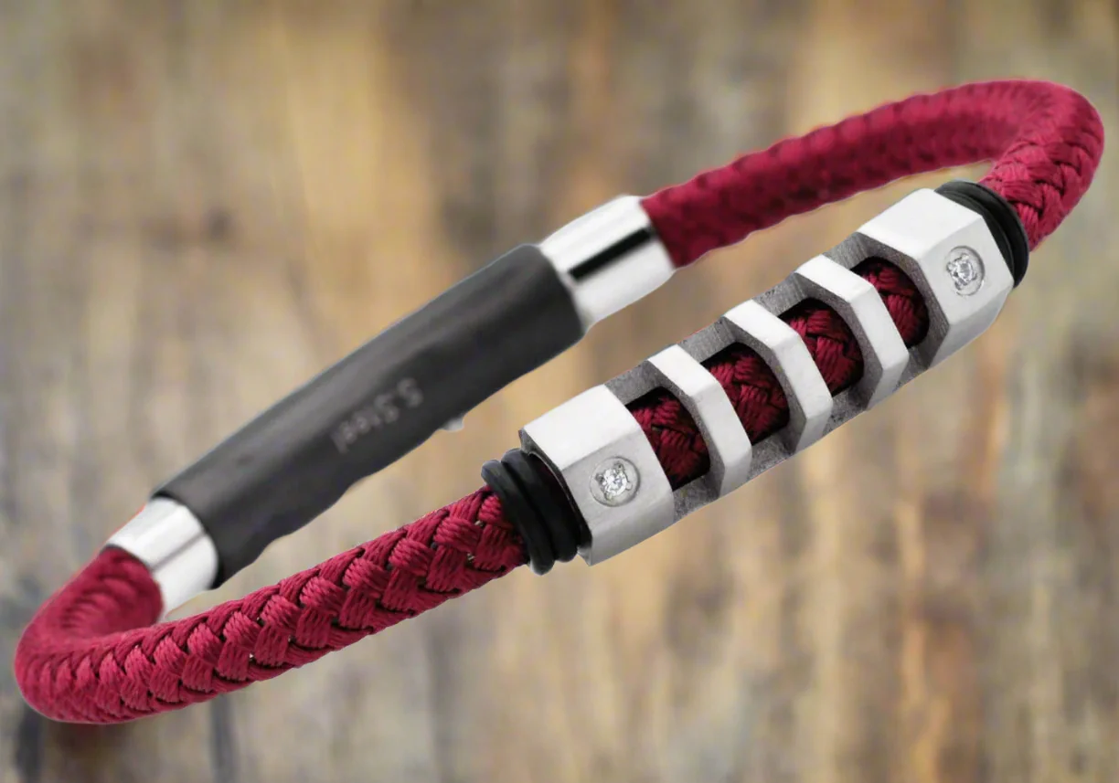 Men's Red Cotton Rope Bracelet with Cubic Zirconia - Bold Color Collection