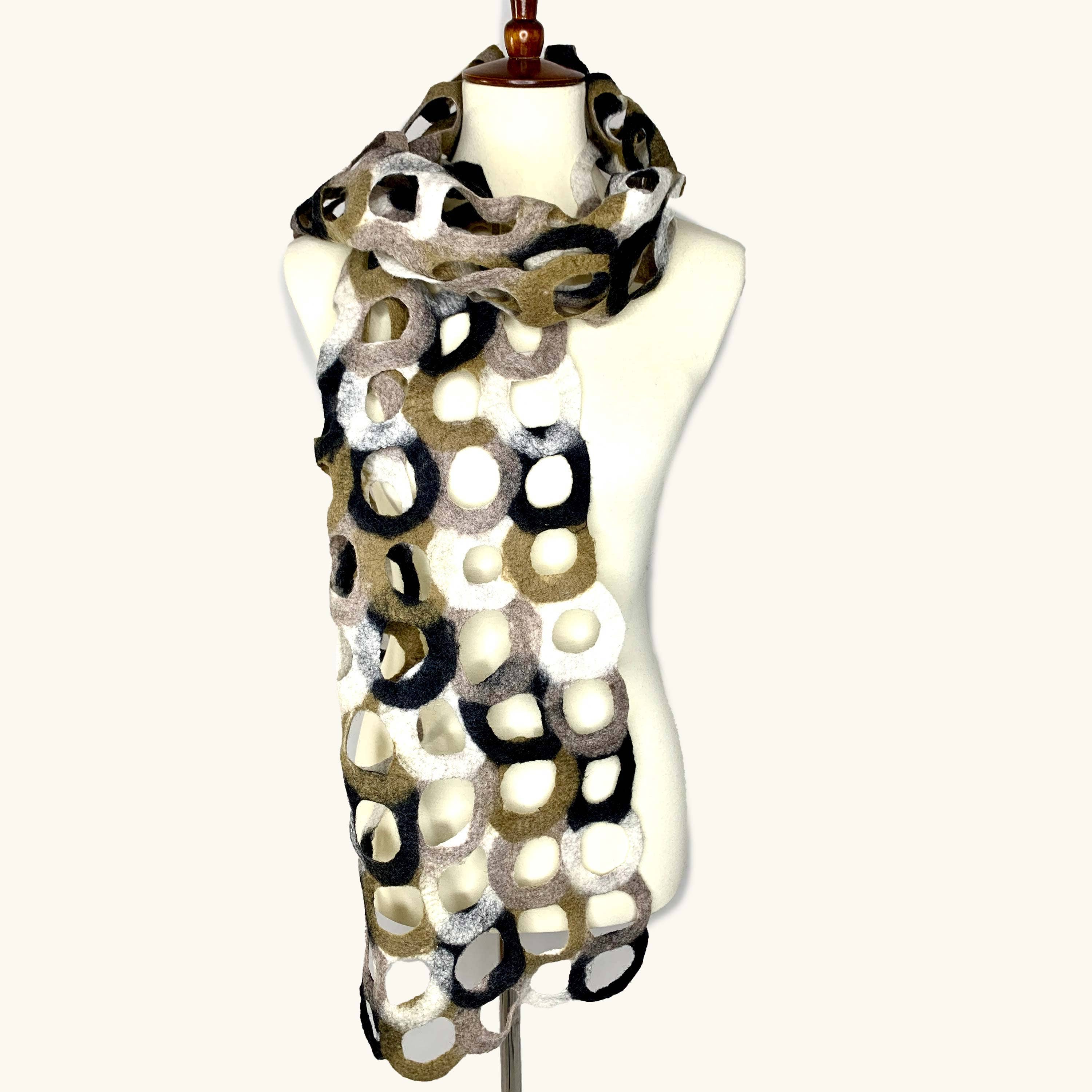 Handcrafted Neutral Ring Merino Wool Scarf - Fair Trade Artisan Nepal - Image 2
