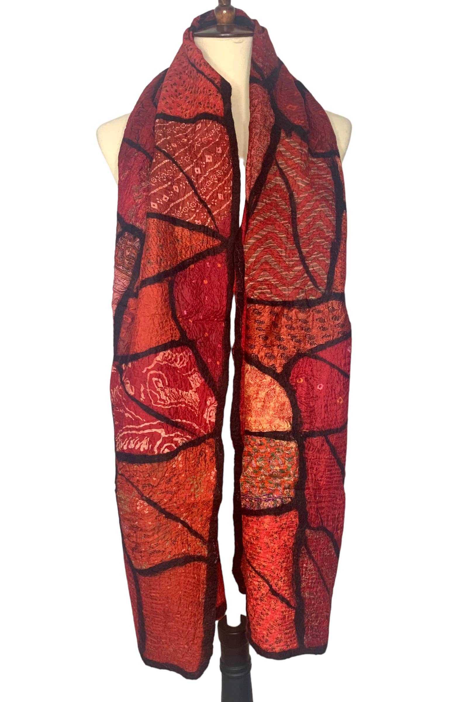 Handcrafted Red Sari Patchwork Merino Wool Scarf - Fair Trade Nepal Artisan - Image 3