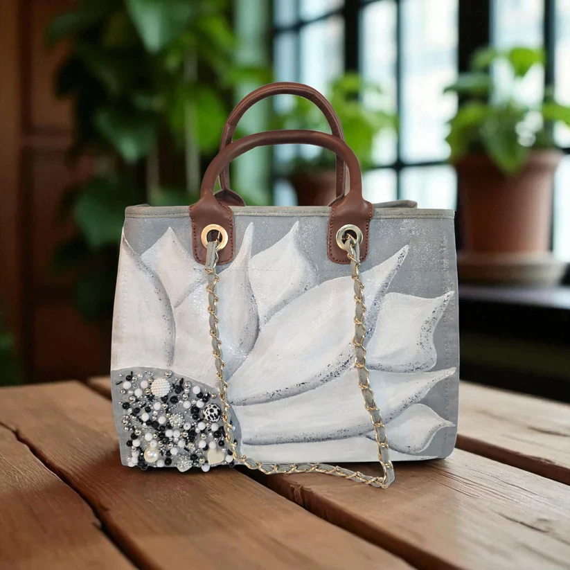 Silver Bloom – Hand Painted Gray Canvas Purse