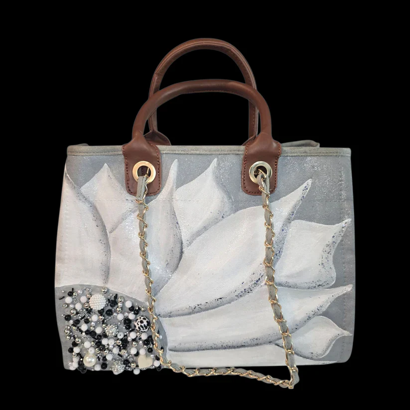 Silver Bloom – Hand Painted Gray Canvas Purse - Image 2