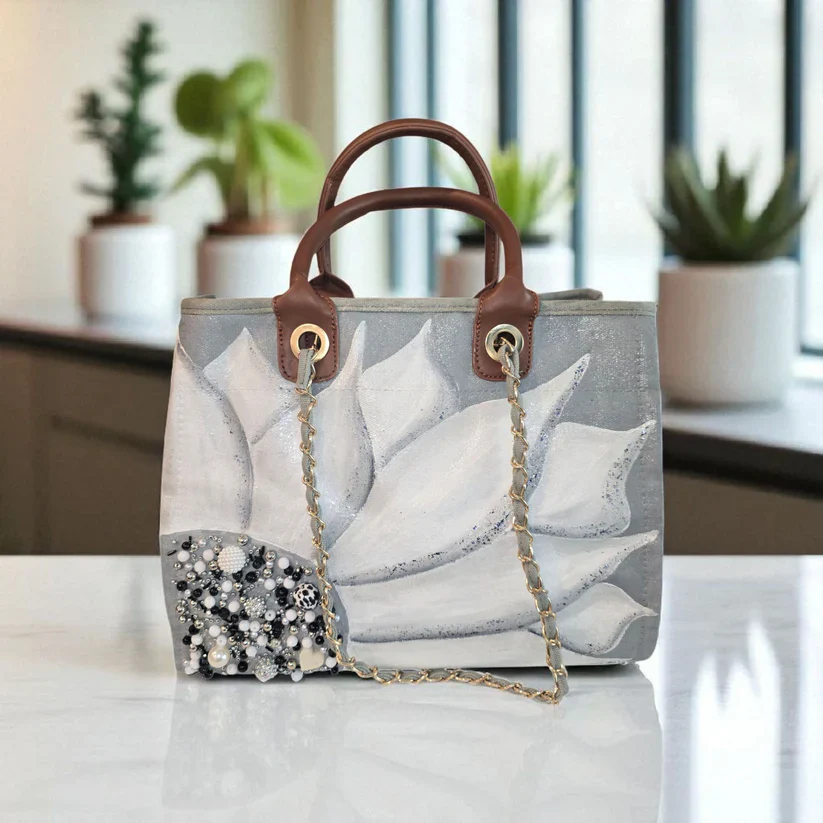 Silver Bloom – Hand Painted Gray Canvas Purse - Image 3