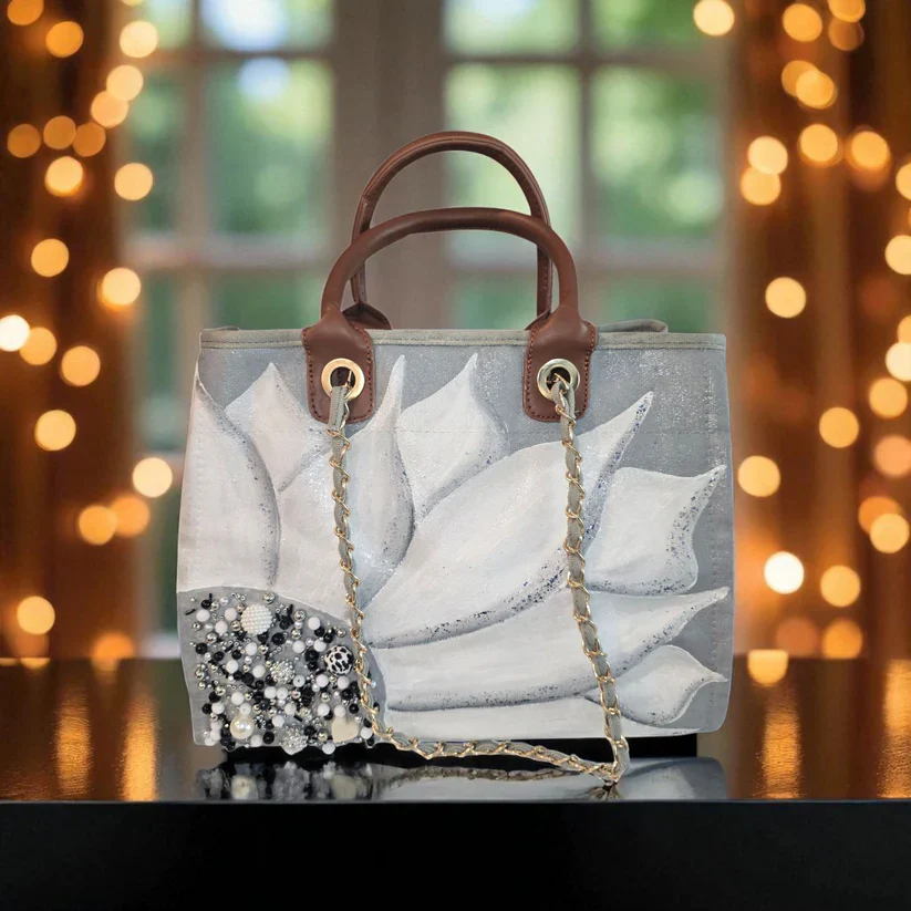 Silver Bloom – Hand Painted Gray Canvas Purse - Image 4