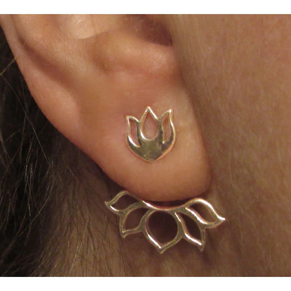 Two Piece Water Lily Ear Jacket Post Earrings - Image 3