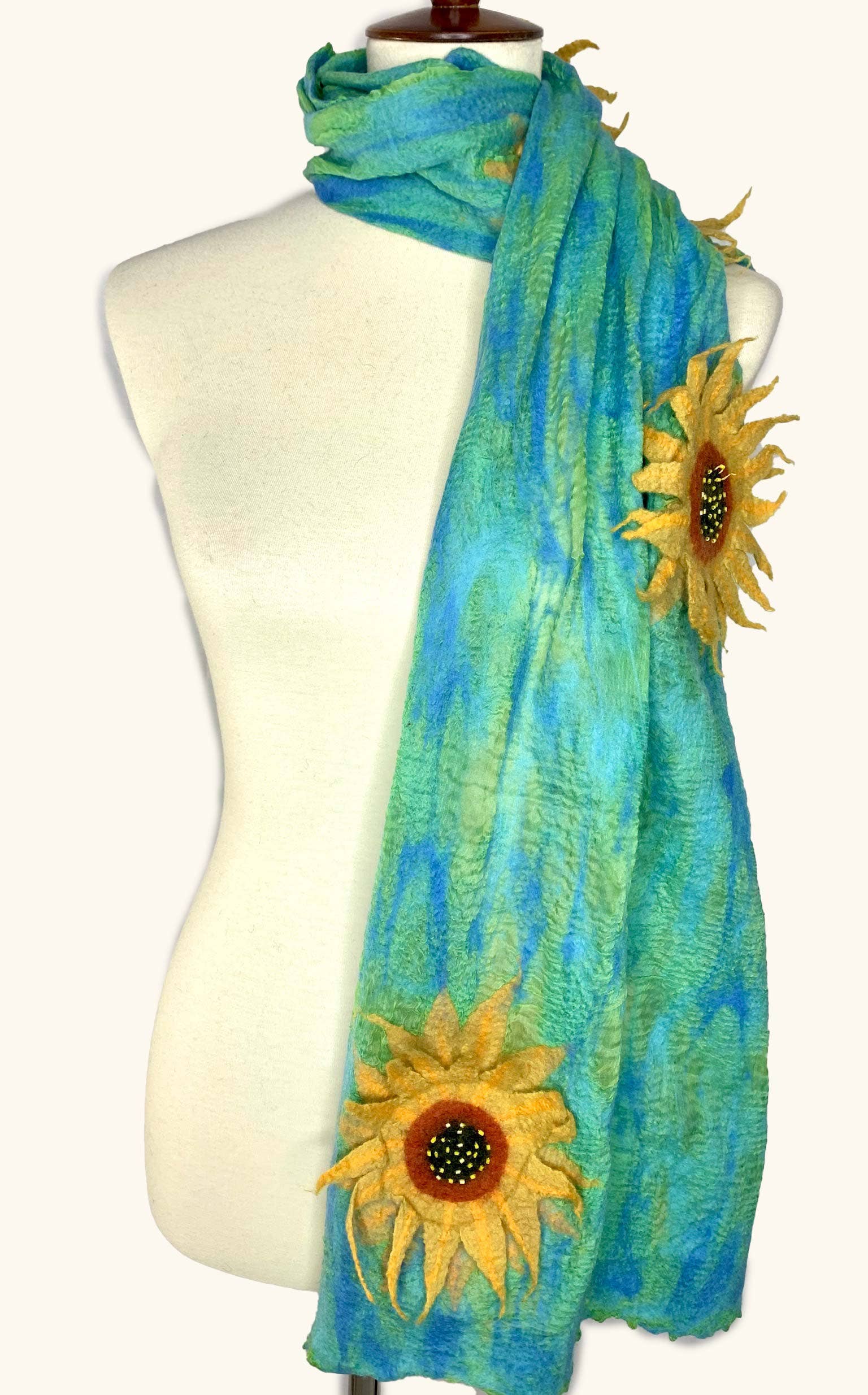 Handcrafted Sunflower Merino Wool Scarf - Fair Trade Nepal Artisan - Image 2