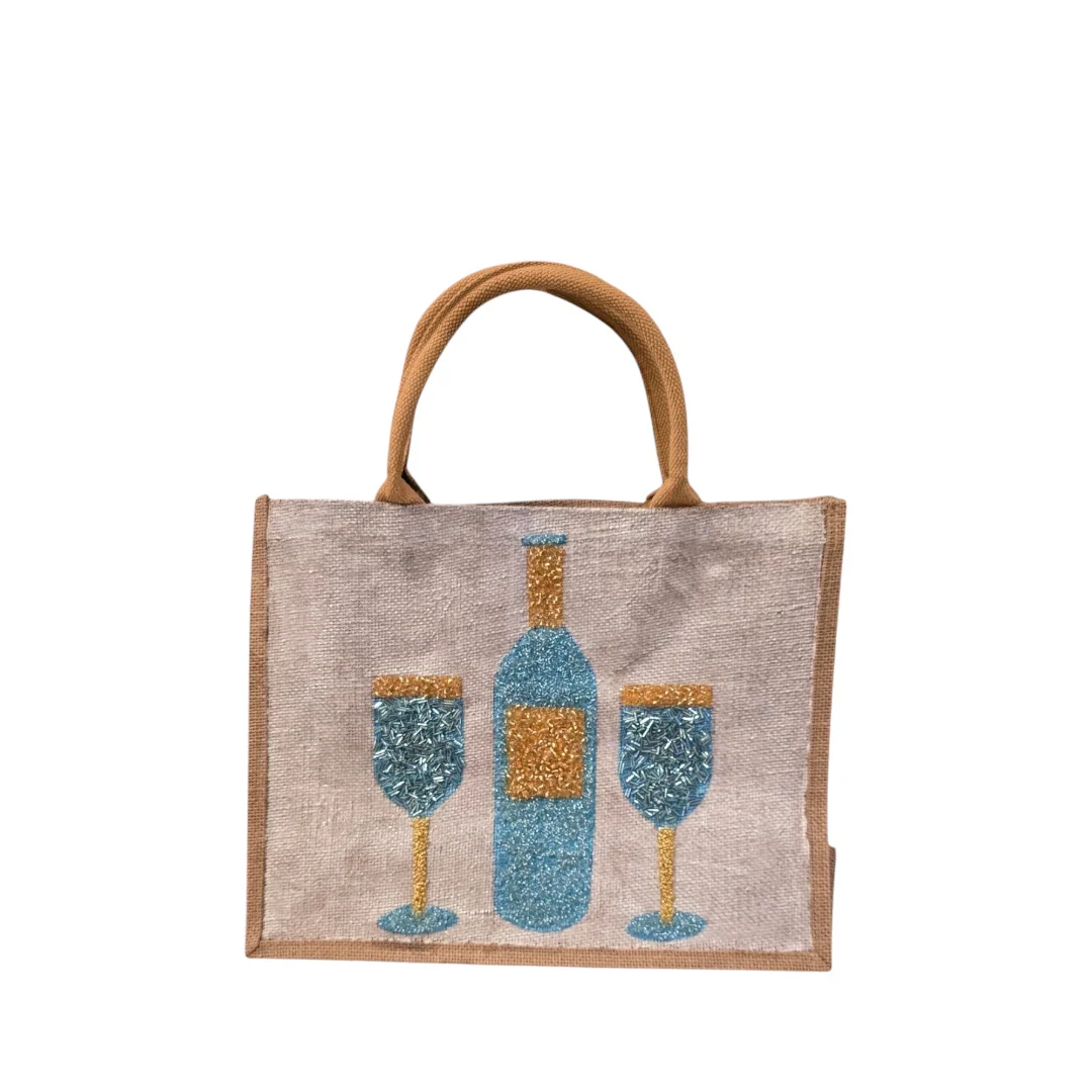 Wine Tote Bag on Off White Jute - Hand Painted & Beaded Market Bag - Image 3