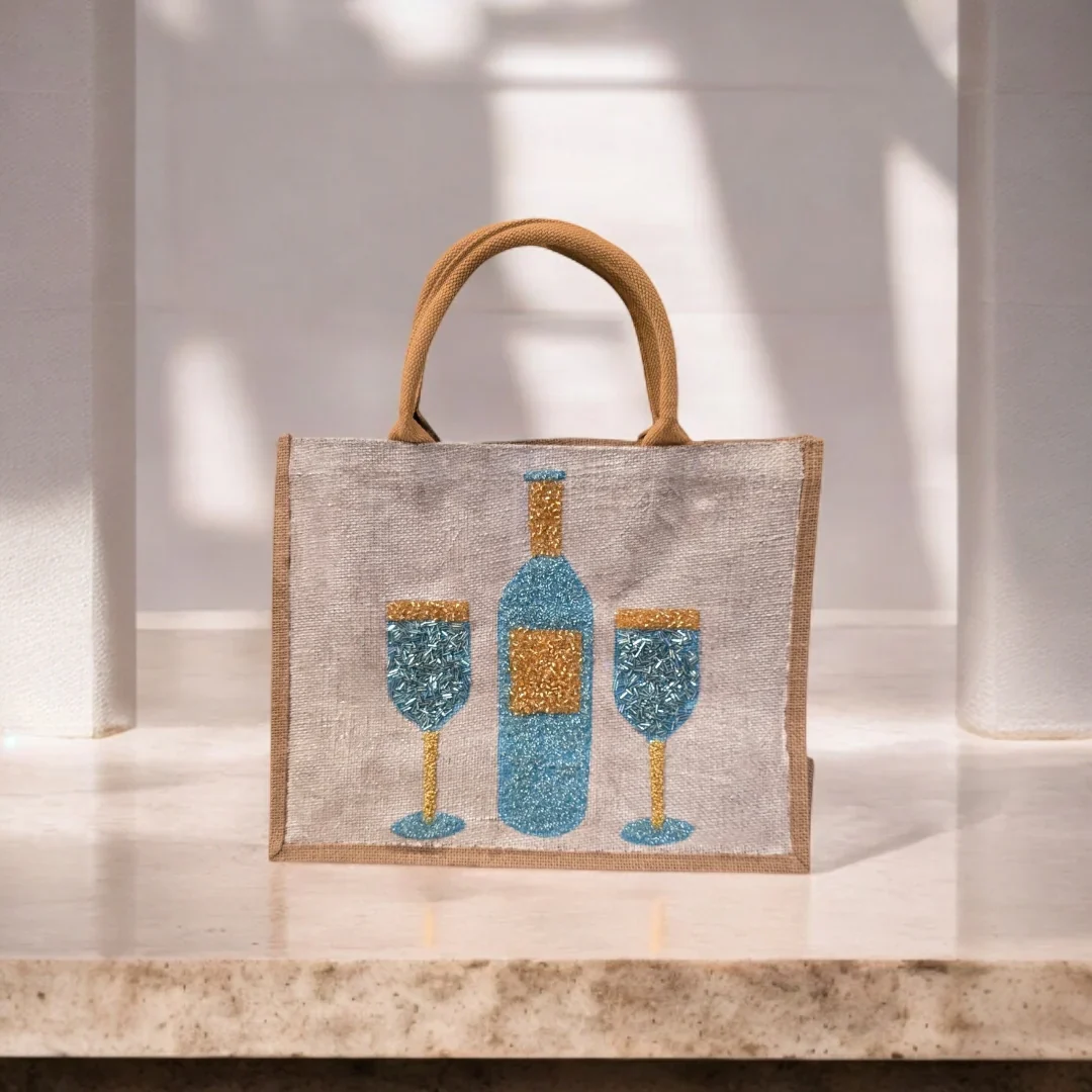 Wine Tote Bag on Off White Jute - Hand Painted & Beaded Market Bag - Image 4