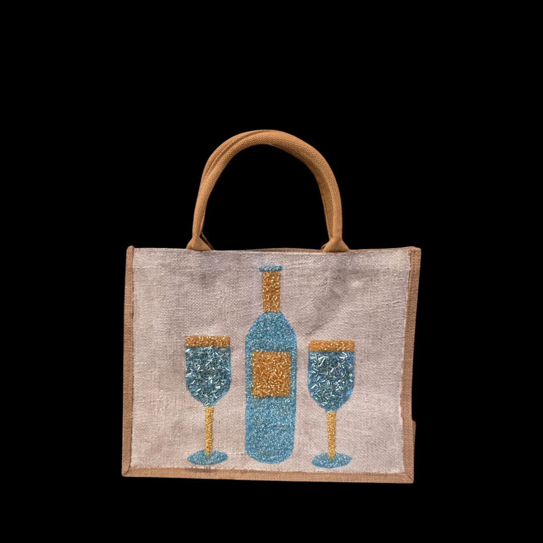 Wine Tote Bag on Off White Jute - Hand Painted & Beaded Market Bag - Image 5