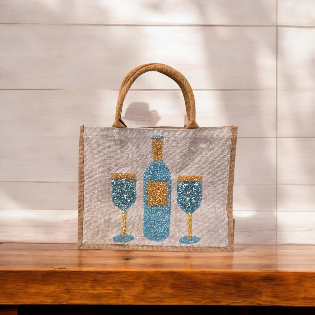 Wine Tote Bag on Off White Jute - Hand Painted & Beaded Market Bag - Image 6